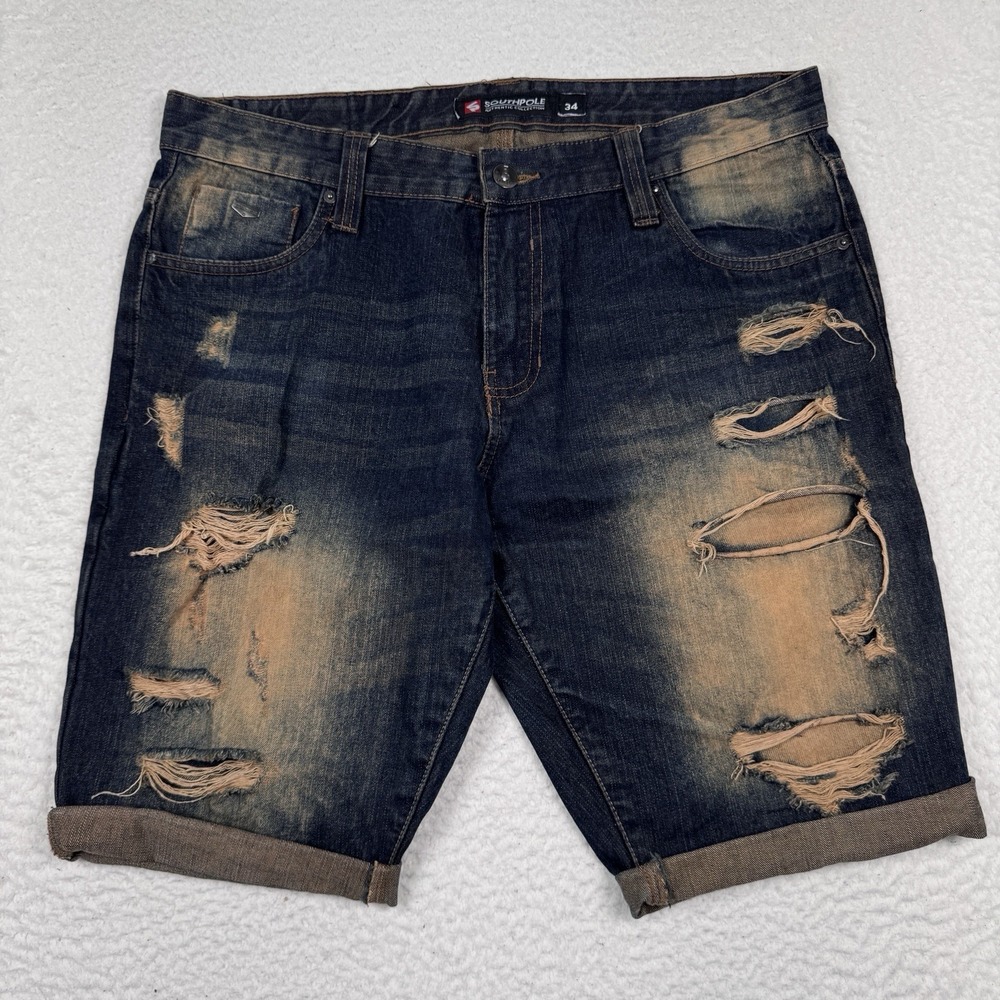 Vintage Southpole Jean Shorts Mens 34 Ripped‎ Distressed Blue Dark Wash Y2K Flaw